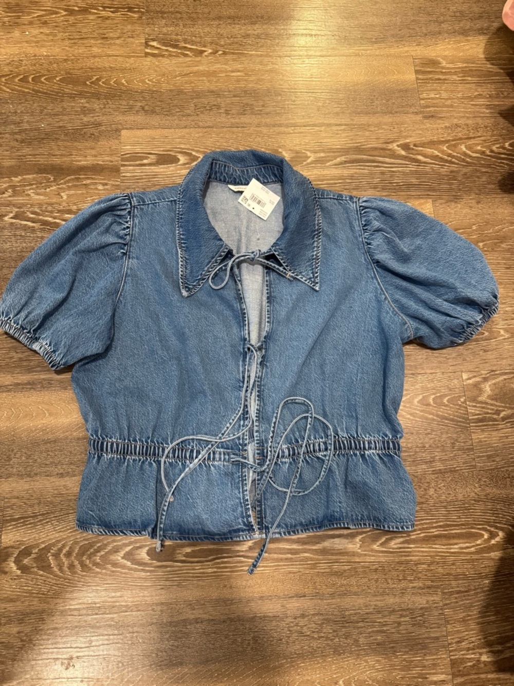 American Eagle Outfitters light blue denim tie front jacket / blouse